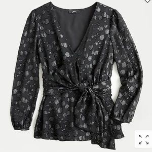 JCrew Tie-waist V-neck top in metallic dot jacquard